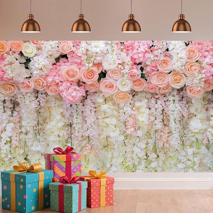9x6ft Pink Rose Flower Wedding Photography Backdrop Spring Floral Photography Backdrop Valentine's Day Mother's Day Girl Birthday Baby Shower Wedding Bridal Party Banner Photo Booth Props Background