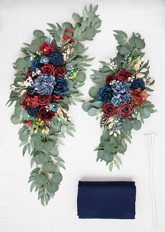 ponatia Artificial Navy Blue Wedding Arch Flowers Kit, Burgundy Flowers with 26Ft Navy Blue Arch Draping Fabric, Flowers for Wedding Arch Ceremony Reception Backdrop Decoration