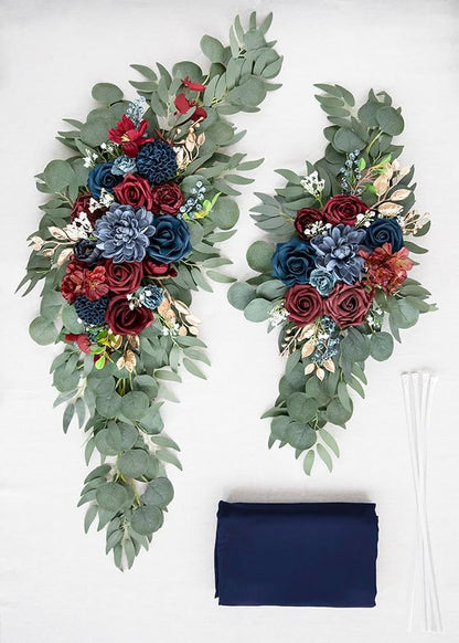 ponatia Artificial Navy Blue Wedding Arch Flowers Kit, Burgundy Flowers with 26Ft Navy Blue Arch Draping Fabric, Flowers for Wedding Arch Ceremony Reception Backdrop Decoration
