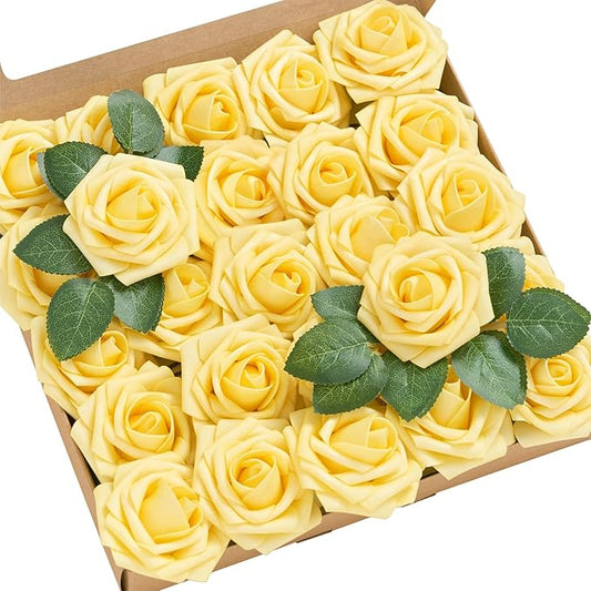 Ling’s Moment Artificial Flowers 25Pcs French Yellow Roses Decor w/Stems,3" Real Touch DIY Foam Floral for Wedding Bouquet/Centerpieces, Outdoors Party Backdrop, Room/Table, and Garden/Pot Decorations