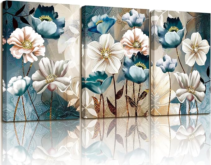 SERIMINO Large Canvas Wall Art for Living Room, Blue Floral Pictures Wall Decor for Dining Room Bedroom Bathroom Kitchen 3 Pieces Lotus Flower Print Painting for Home Decorations 20"X28"