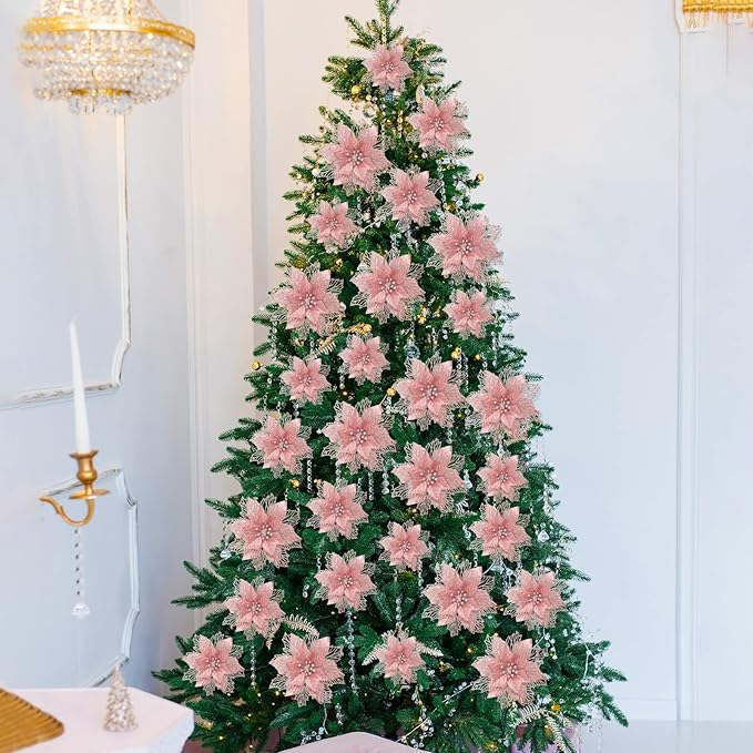 Geosar 24 Pieces Christmas Glitter Poinsettia Flowers Layered Artificial Xmas Flowers Wedding Christmas Tree New Year Ornaments 3/4/6 Inch(Rose Gold)