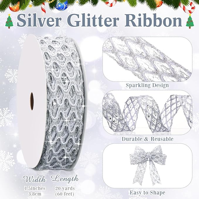 Geosar 20 Yards Silver Glitter Mesh Wired Ribbon for Christmas Tree Decorations, Gift Wrapping, DIY Craft, Xmas Wreaths, Cabinet Decor (1.5 Inch)