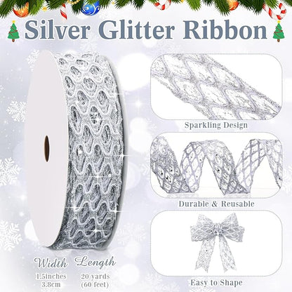 Geosar 20 Yards Silver Glitter Mesh Wired Ribbon for Christmas Tree Decorations, Gift Wrapping, DIY Craft, Xmas Wreaths, Cabinet Decor (1.5 Inch)