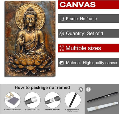 Buddha Wall Art Golden Buddha in Lotus Seat Serene spiritual statue radiant aura Meditation and mindfulness wall art suitable for sacred spaces 16x24in Frameless
