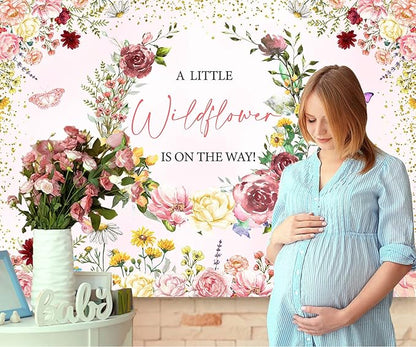 InMemory Wildflower Baby Shower Backdrop Pink Floral Party Decorations for Girls,A Little Wildflower is On The Way Banner Background Wild flower Theme Baby Shower Party Supplies Photobooth Props 8x6ft