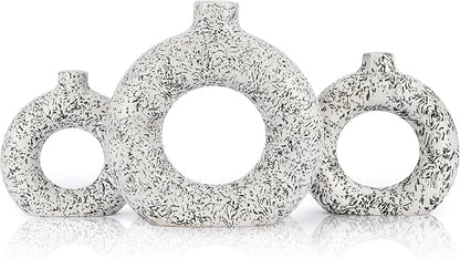 Ajuny Donut Vase Set of 3 – White & Grey Ceramic Hollow Vases for Pampas Grass, Modern Boho Home Decor, Table Centerpiece, Wedding, Living Room, Office, Bedroom (8", 6", 4")