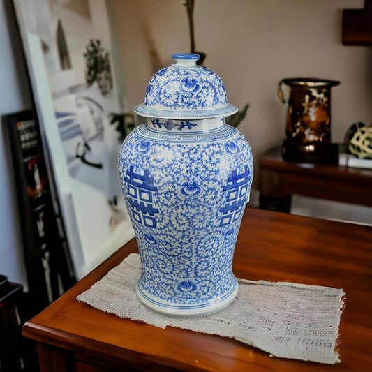 19" Antique Like Finish Blue and White Ginger Jars Porcelain Temple Ceramic Ginger Jar Vase, Double Happiness China Ming Style, Jingdezhen(L16)