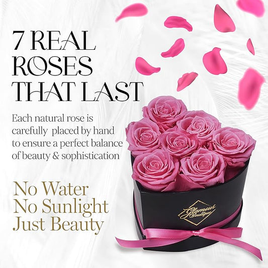 GLAMOUR BOUTIQUE 7 Flower Forever Heart Shape Box - Preserved Roses Gift for Her, Preserved Flowers, Pink