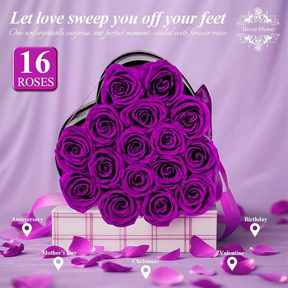16 Forver Preserved Flowers in a Heart Box, Flowers for Her,Eternal Roses Flowers for Delivery Prime, Flowers Birthday Gifts for Women Mom Grandma Wife - Purple