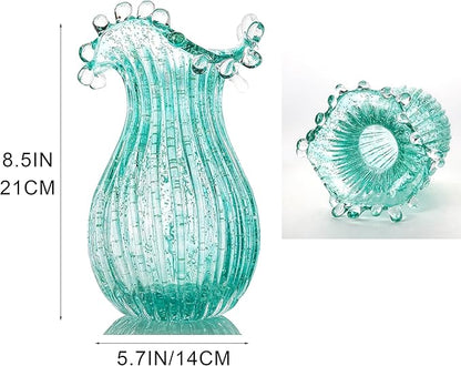QFkris Hand Blown Glass Luminous Vase for Flowers 8" Teal Crystal Bubble Vases for Bouquet Home Decor Decorative Centerpieces Unique Gift for Christmas Valentines Day Birthday Housewarming Mothers Day