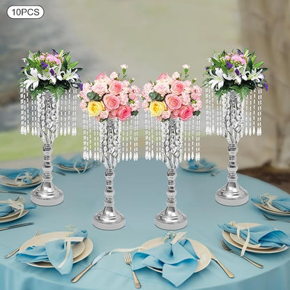 Vase | Bud Vases |10PCS Gold Crystal Flower Stands | Elegant Centerpiece for Weddings & Events | for Wedding Table Centerpieces, Aisle Guides, Party Decorations (Silver)