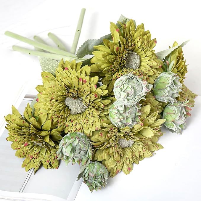 Kimura's Cabin 5Pcs Fake Sunflowers Flowers Artificial Silk Chrysanthemum Long Stems Faux Sunflower Bouquet for for Wedding Spring Home Garden Indoor Kitchen Table Decor(Green)