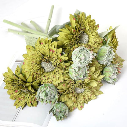 Kimura's Cabin 5Pcs Fake Sunflowers Flowers Artificial Silk Chrysanthemum Long Stems Faux Sunflower Bouquet for for Wedding Spring Home Garden Indoor Kitchen Table Decor(Green)