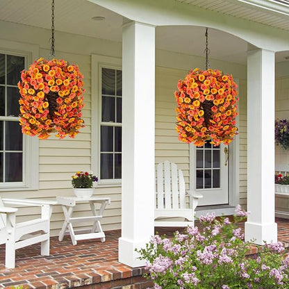 Artificial Fall Fake Hanging Flowers Plants Basket for Outdoor Autumn Decoration, Faux Silk Morning Glory Long Stems Vines Realistic UV Resistant for Outside Home Porch Garden (Fall Orange+Yellow)