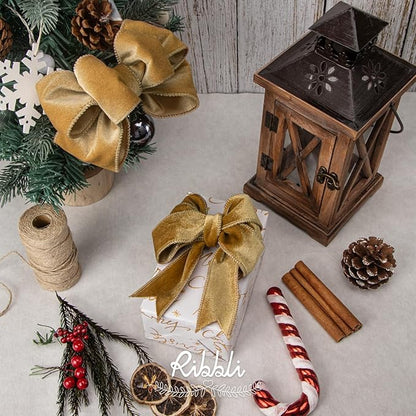 Ribbli Champagne Velvet Wired Ribbon 1.5 Inch Velvet with Satin Christmas Ribbon for Gift Wrapping Christmas Tree Decoration Crafts Wreaths Supplies-Continuous 10 Yards