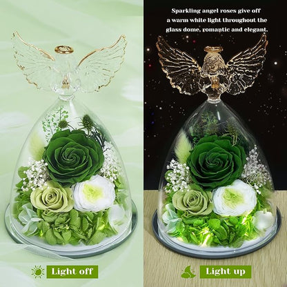 FIACO Gifts for Women Mom Preserved Rose Forever Flower in Glass Angel Figurine Fresh Flowers for Delivery Prime Birthday Gifts for Grandma Wife Sister Christmas Anniversary Eternal Roses