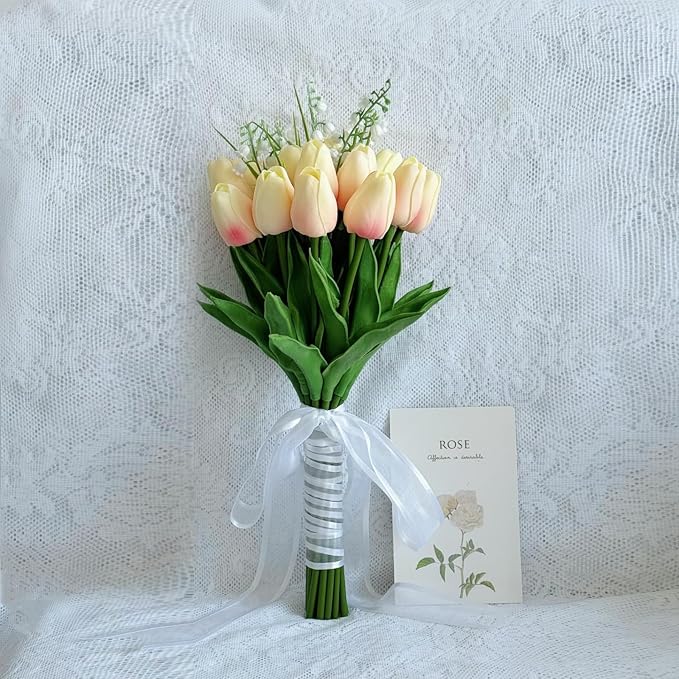 Artificial Floral Tulip Bouquet 20pcs Artificial Tulip Flowers,Bridesmaid Bouquet with Wedding Ceremony Festivals Anniversary Bridal Rehearsal Party Bar Table Decor (Light Pink)