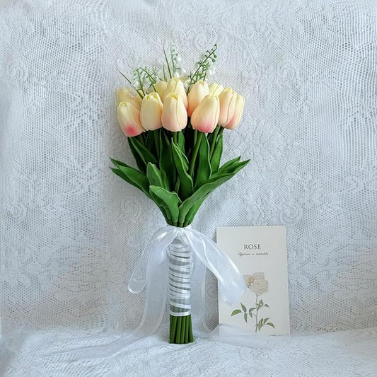 Artificial Floral Tulip Bouquet 20pcs Artificial Tulip Flowers,Bridesmaid Bouquet with Wedding Ceremony Festivals Anniversary Bridal Rehearsal Party Bar Table Decor (Light Pink)