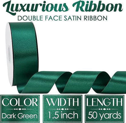 MEEDEE Dark Green Satin Ribbon - 1-1/2 inch Double Faced, Perfect for Christmas Tree, Wreaths, Weddings, Flower Bouquets