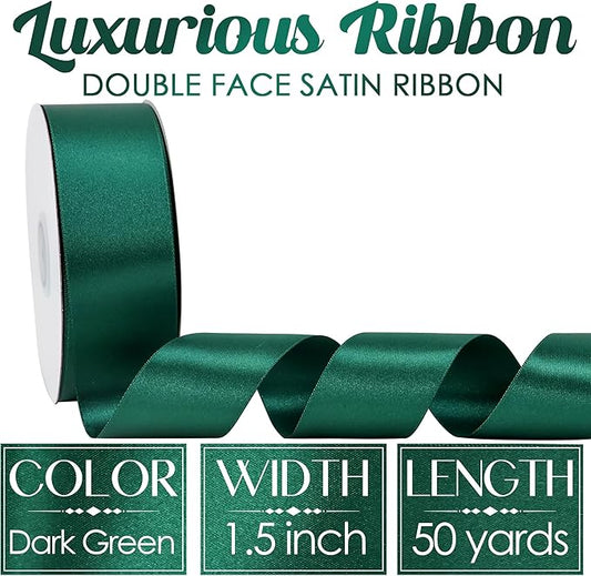 MEEDEE Dark Green Satin Ribbon - 1-1/2 inch Double Faced, Perfect for Christmas Tree, Wreaths, Weddings, Flower Bouquets