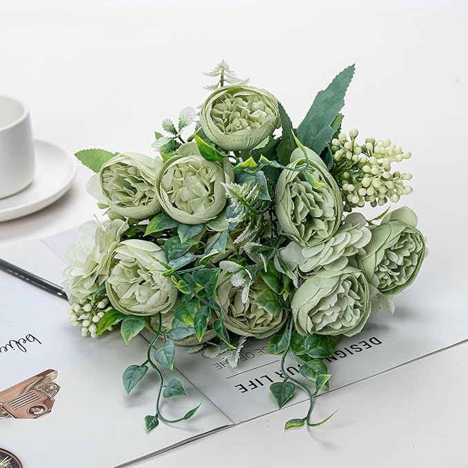 KAOYOO 4 PCS Artificial Peony Bouquet Short Stem for DIY Wedding Decoration Bridal Bouquet Home Decorations(Green 4-PCS)