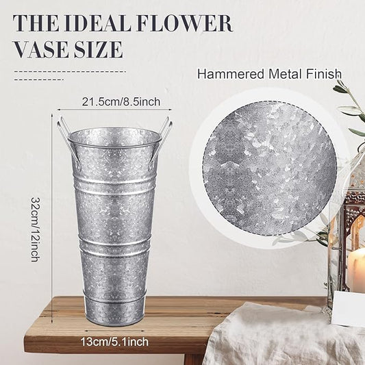 Zhehao 12 PCS 12 Inch Galvanized Metal Vase with Handles Bulk Tin Flower Buckets Galvanized Vases for Flowers Country Wedding Table Centerpieces Metal Flower Buckets for Wedding Home(Matte Silver)