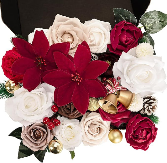 Artificial Flowers Combo Box, Fake Silk Foam Flower Mix with Wire Stem, DIY Wedding Bridal Bouquet Shower Party Home Décor (30-40 Pieces) (Xmas Theme)