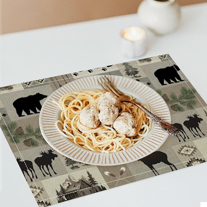 Retro Rustic Lodge Bears Deer Placemats Set of 6, Vintage Cabin Pine Tree Farmhouse Country Style Place Mats, Heat Resistant Non Slip Cotton Linen Dining Table Mats for Home Kitchen 18x12 Inch