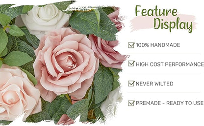 Wedding Arch Flowers with Drapes Kit (Pack of 5) - 2pcs Artificial Dusty Rose Deluxe Swag with 3pcs Hanging Sheer Drapes for Wedding Ceremony Arbor Reception Backdrop Rose Floral Decoration