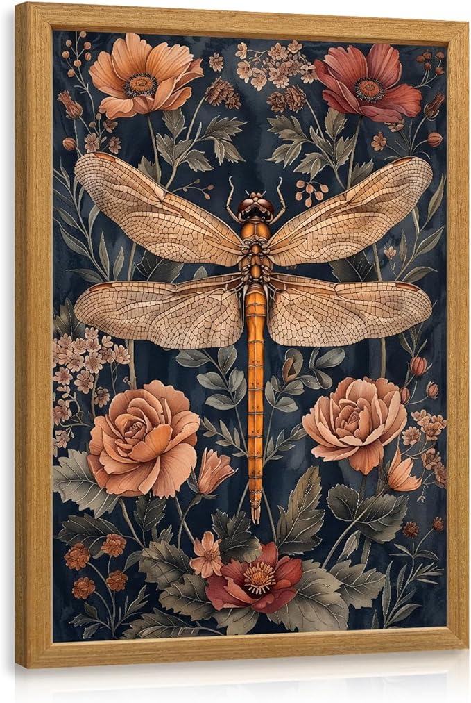 LLEEMPI William Morris Wall Art, Vintage Dragonfly Floral Wall Decor, Abstract Insect Flower Canvas Painting, Nature Botanical Poster Print for Living Room Bedroom Bathroom Office Wood Framed 16x24 inch