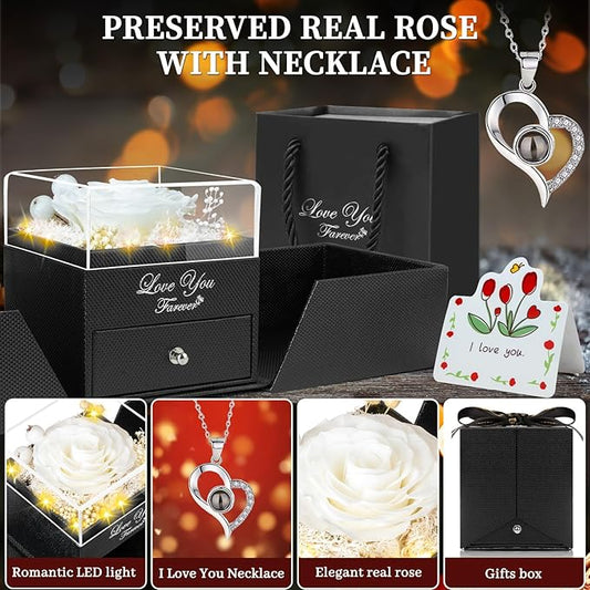 Preserved White Real Rose Eternal Flowers Rose Gifts for Mom Grandma Wife Girlfriend Gifts for Her Christmas Birthday Anniversary with I Love You Necklace