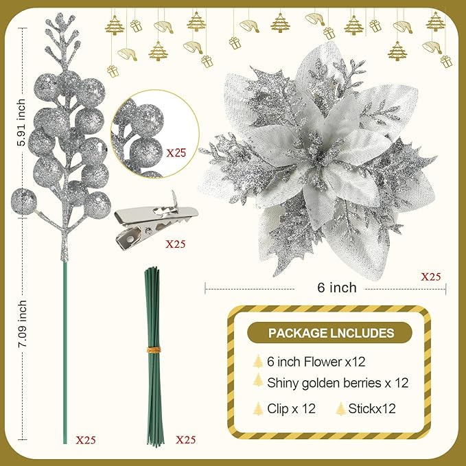 50pcs Glitter Poinsettia Christmas Ornaments, Artificial Flowers with Clips Stems for DIY Wreath Making, Holiday Home Party Decorations, Indoor Use (Sliver)