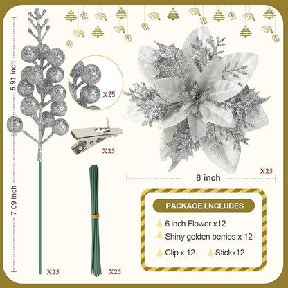 50pcs Glitter Poinsettia Christmas Ornaments, Artificial Flowers with Clips Stems for DIY Wreath Making, Holiday Home Party Decorations, Indoor Use (Sliver)