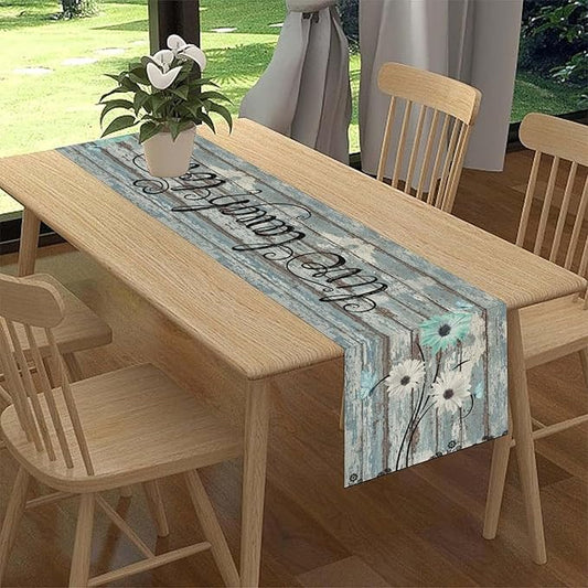 Daisy Floral Table Runner, Rustic Seasonal Spring Wild Flower Rustic Blue Wood Farmhouse Table Center Decor for Family Kitchen Farmhouse Holiday Party Table Decorations Indoor Outdoor 13x36 inch