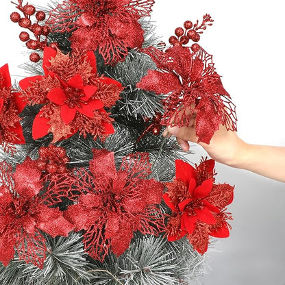 Sawowkuya 22 Pcs Red Christmas Poinsettia Artificial Flowers and Glitter Berries Stems Kit, Christmas Poinsettias Decorations and Christmas Tree Ornaments for Xmas Home Wedding Holiday Tree Decor
