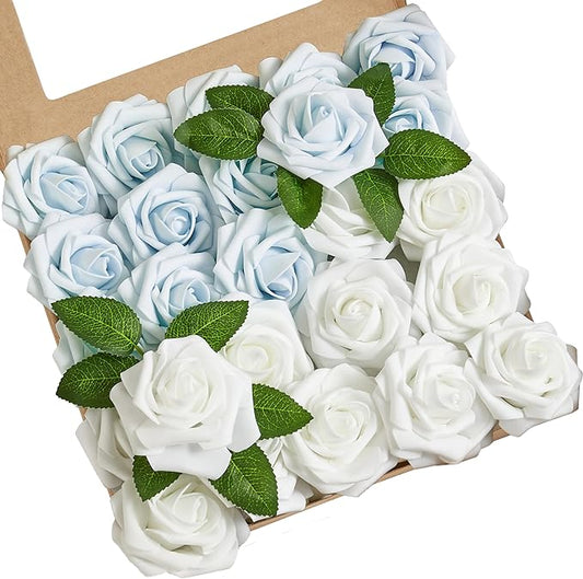 Artificial Flowers, 25pcs Baby Blue Artificial Rose for DIY Wedding Bouquets Centerpieces Arrangements, Fake Flower with Stems for Party Home Decorations