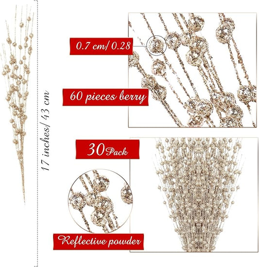 Geosar 30 Pcs Christmas Artificial Glitter Berry Stem Decorations 17 Inch Faux Stick Floral Pick Centerpiece Bouquet Flower Bead Twigs for Centerpiece Tree Wreath Xmas Ornaments Home(Champagne Gold)