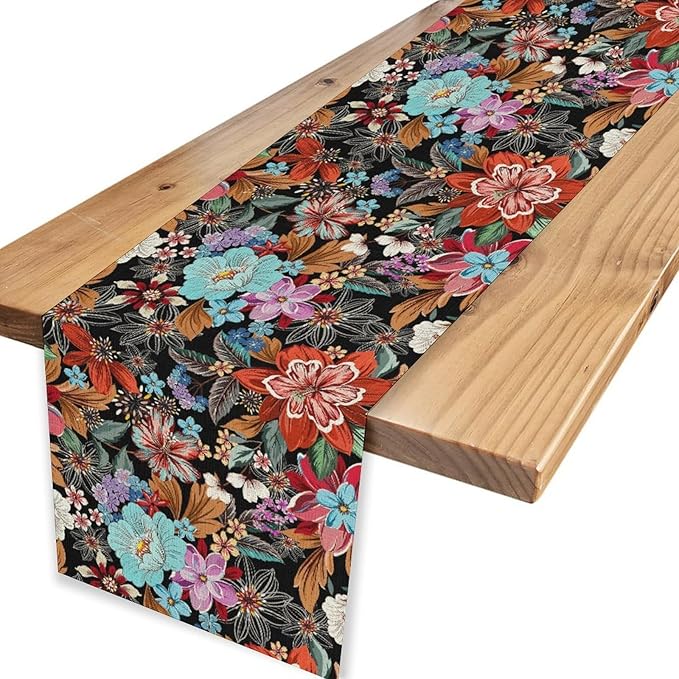 Floral Table Runner, Vintage Colorful Flower Bohemian Floral Print Table Center Decor for Family Kitchen Table Decorations Indoor Outdoor 13x36 inch