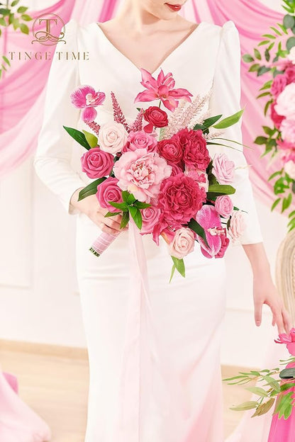 TINGE TIME 11 Inch Wedding Bouquets for Bride，HotPink Artificial Flowers Bouquet， Brides & Bridesmaids Bouquet for Wedding Anniversary Ceremony Bridal Shower Decorations