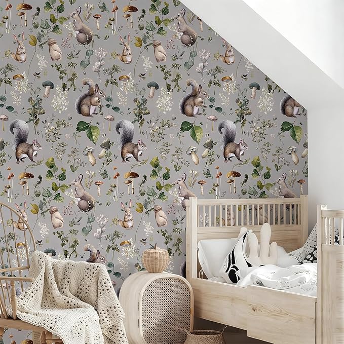 Whimsical Peel and Stick Floral Animal Wallpaper Squirrel Rabbit Removable Botanical Leaf 17.7" x 236.22" Wall Paper Watercolor Self Adhesive Contact Paper for Classroom Bedroom laundry room bathroom