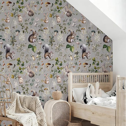 Whimsical Peel and Stick Floral Animal Wallpaper Squirrel Rabbit Removable Botanical Leaf 17.7" x 236.22" Wall Paper Watercolor Self Adhesive Contact Paper for Classroom Bedroom laundry room bathroom