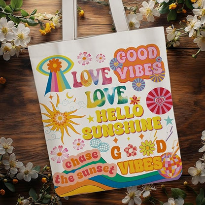 ANATTASOUL Canvas Tote Bag Boho Elements Reusable Cotton Bag for Women, Durable Cloth Shoulder Bags with Zipper Pockets for Shopping, Vacation, Work, Gym