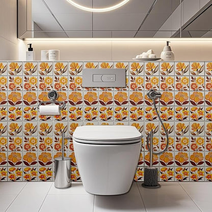 CHGCRAFT 36 Pcs 4 Style Wall Stickers Orange Flowers Peel and Stick Wall Tile Sticker Art Flowers Waterproof Self Adhesive Stick on Tile Decals for Kitchen Bathroom Art Decor, 4×4 Inch