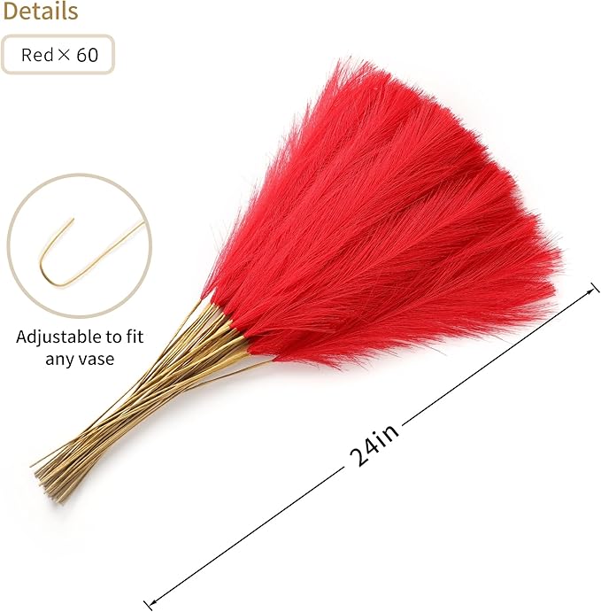 60pcs Red Pampas Grass Decor - 24 Inch Short Artificial Pampas Grass Decor, Fake Pompas Floral for Vase Filler, Wedding Flower Arrangement, Party and Home Decor (Red)