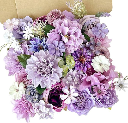 Dusty Purple Artificial Flowers Combo Box Set Silk Dahlia Roses with Stems Lilac Lavender DIY Bridal Wedding Bouquets Cake Top Fake Floral Arrangements Baby Shower Party Table Centerpieces Home Decor