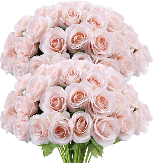 Artificial Rose Flower Artificial Flowers Flower with Long Stem Silk Roses Bouquet for Wedding Bridal Shower Party Home Decoration (Blush, 50 Pcs)
