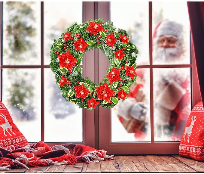 Boao 24 Pieces Glitter Poinsettia Artificial Christmas Flowers Poinsettia Decorations Wedding Christmas Tree Ornaments, 3/4/6 Inches (Red)