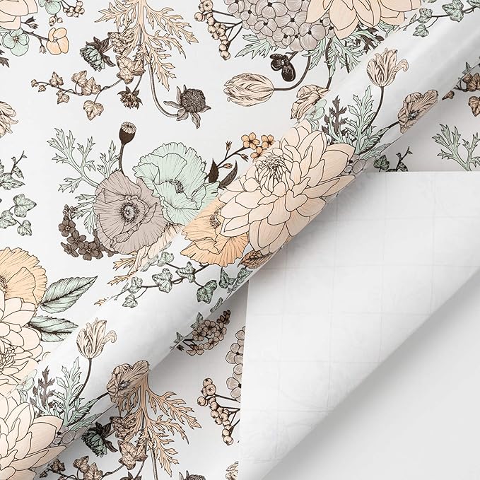 WRAPAHOLIC 30 Inch Floral Wrapping Paper - 30 Inch X 33 Feet - Vintage Floral Printed on White Pearlized Paper Design for Wedding, Birthday, Mother's Day, Party