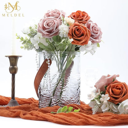 Meldel Artificial Flowers 25pcs Real Looking Burnt Orange Warm Taupe Foam Fake Roses with Stems for DIY Wedding Bouquets Bridal Shower Centerpieces Floral Arrangements Home Decorations Bulk Crafts